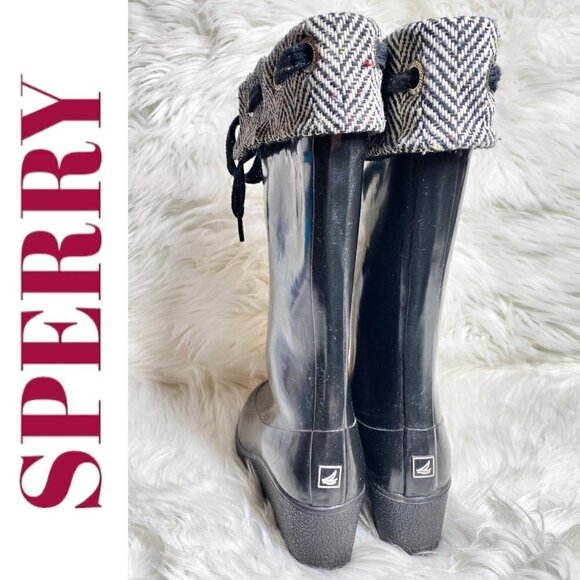 SPERRY Tall Black Wedge Fold Over Rubber Duck Boot Flannel Lining, Size 8 - Picture 10 of 11